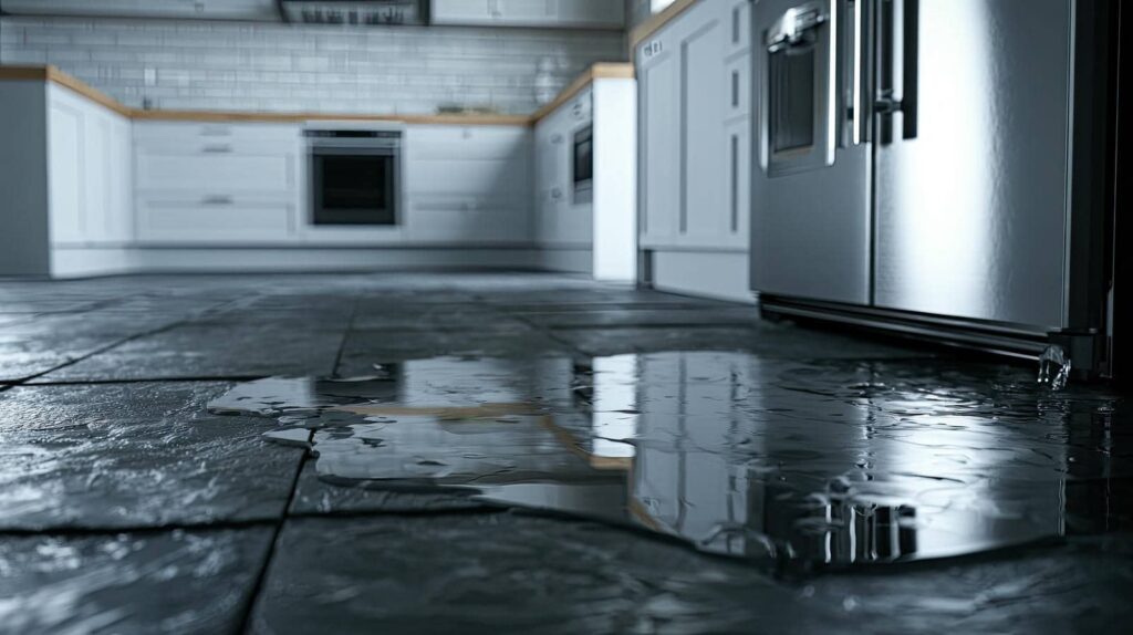 Kitchen floor flooded beside a stainless steel refrigerator.