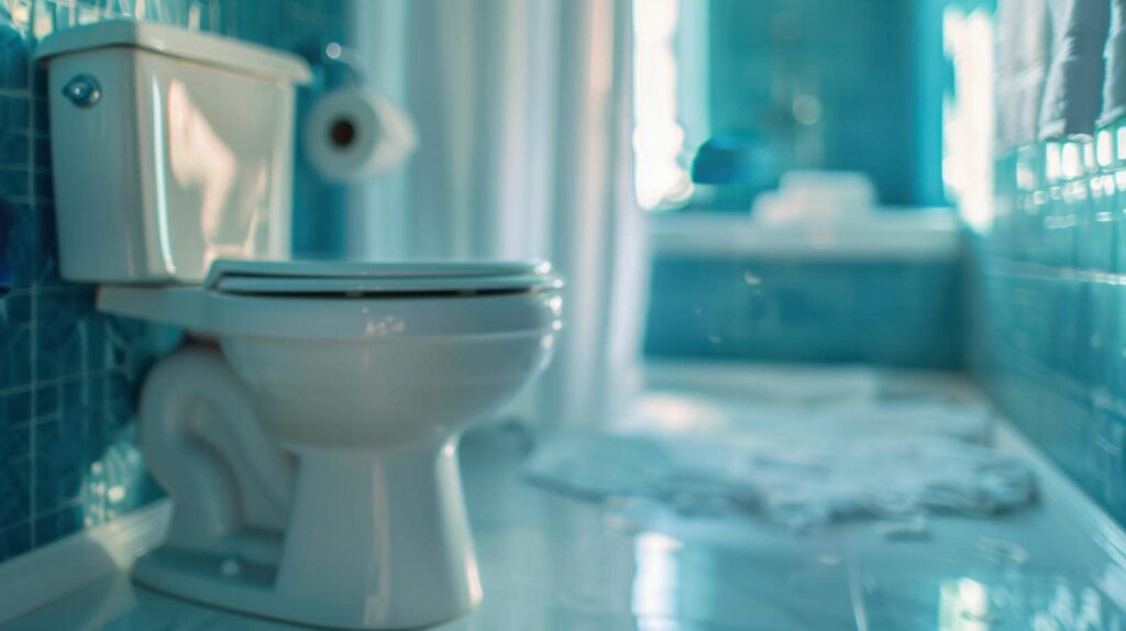 White toilet with closed lid in a blue-tiled bathroom with a blurred rug and sink in the background.