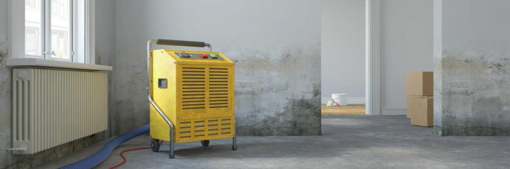 Yellow industrial dehumidifier with hoses in a room with damp, stained walls and cardboard boxes in the background.