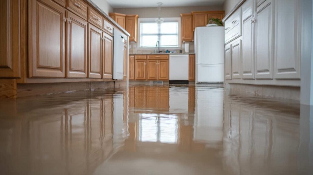 Floodwater covering the floor of a kitchen with wooden and white cabinets.