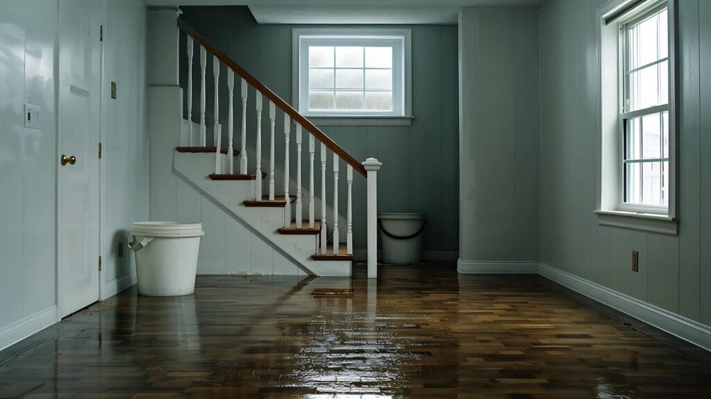 Flooded room with wooden stairs and two white buckets on a wet floor.