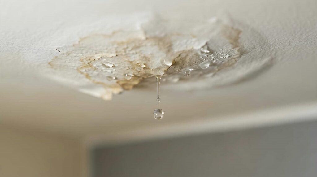Water dripping from a ceiling with a large water stain and peeling paint.