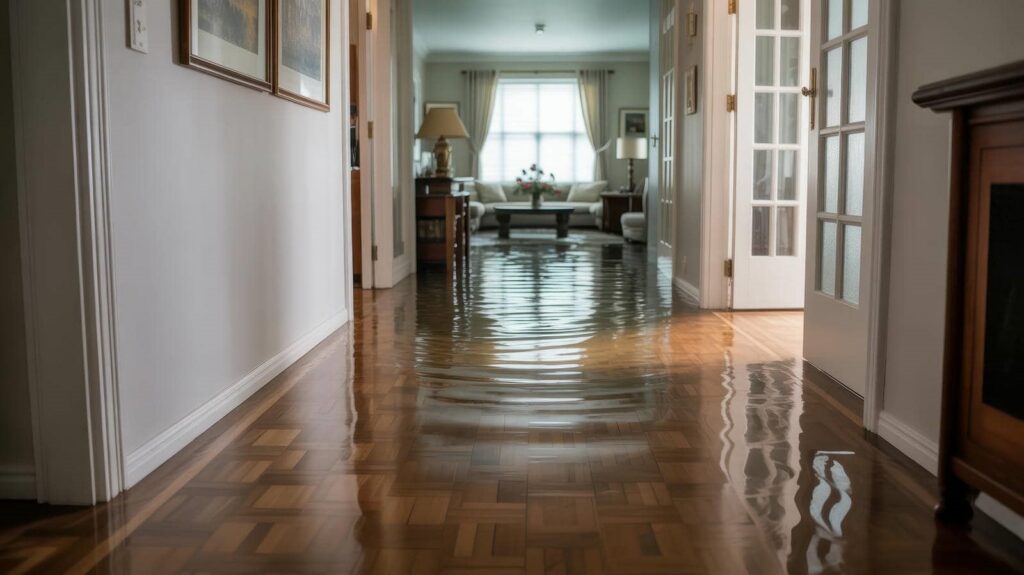 Flooded hallway with water covering the wooden floor leading to a living room.