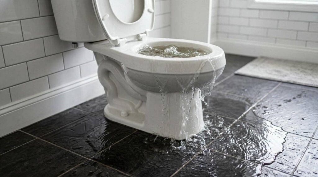 Toilet overflowing with water flooding onto a tiled bathroom floor.