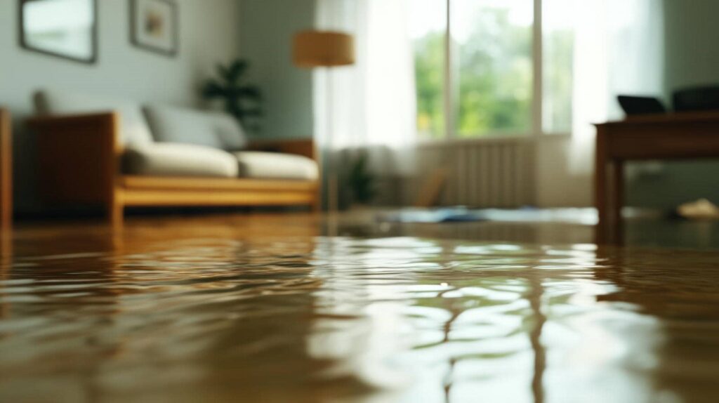 Flooded living room with water covering the floor near a sofa and window.
