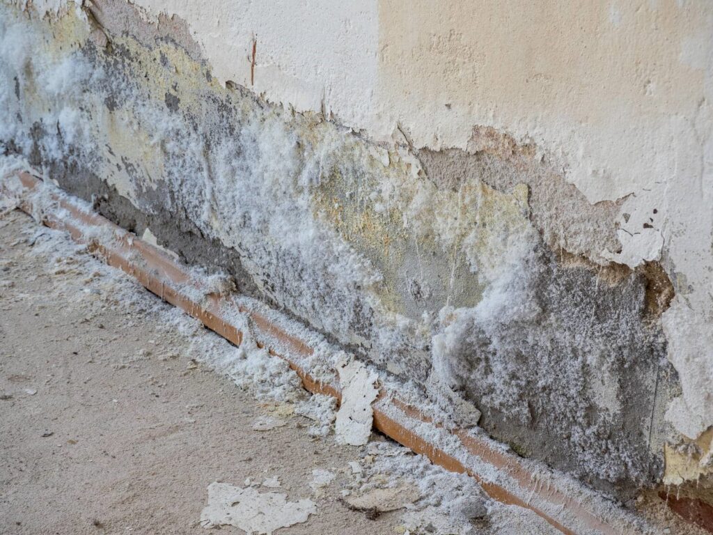 Wall with extensive mold and salt damage near the base, with peeling paint and debris on the floor.
