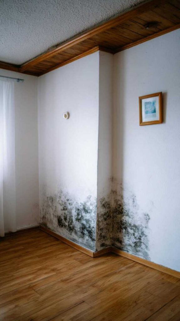 Black mold growth on the lower corner walls of a room with wooden flooring and ceiling trim.