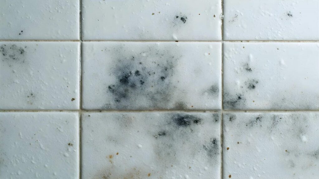 White tiles with black mold spots and some discoloration on the surface.