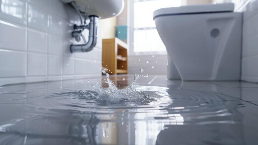 Water splashing on a flooded bathroom floor near a toilet and sink.