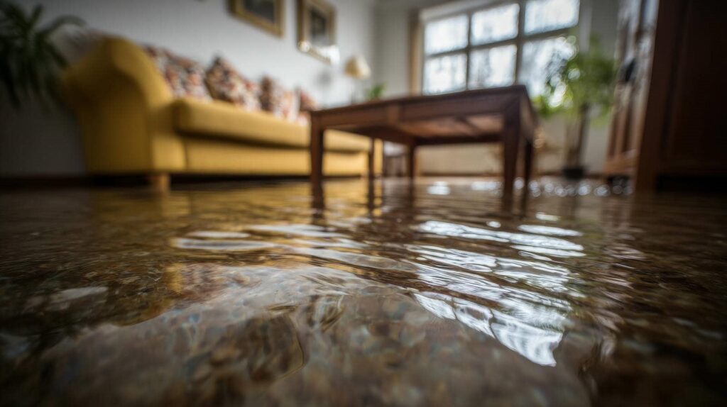 Water flooding a living room with a yellow sofa and wooden coffee table.