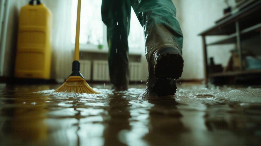 Person in waterproof boots mopping a flooded indoor floor with a yellow broom.