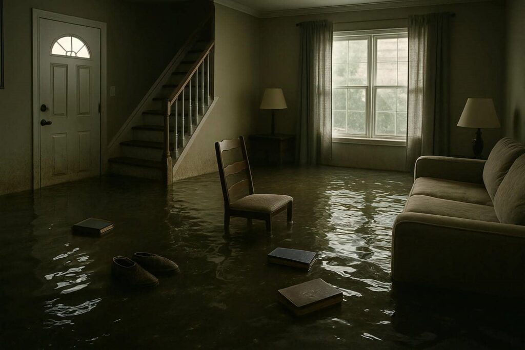 Living room flooded with water covering the floor, with a chair, sofa, books, and slippers partially submerged.