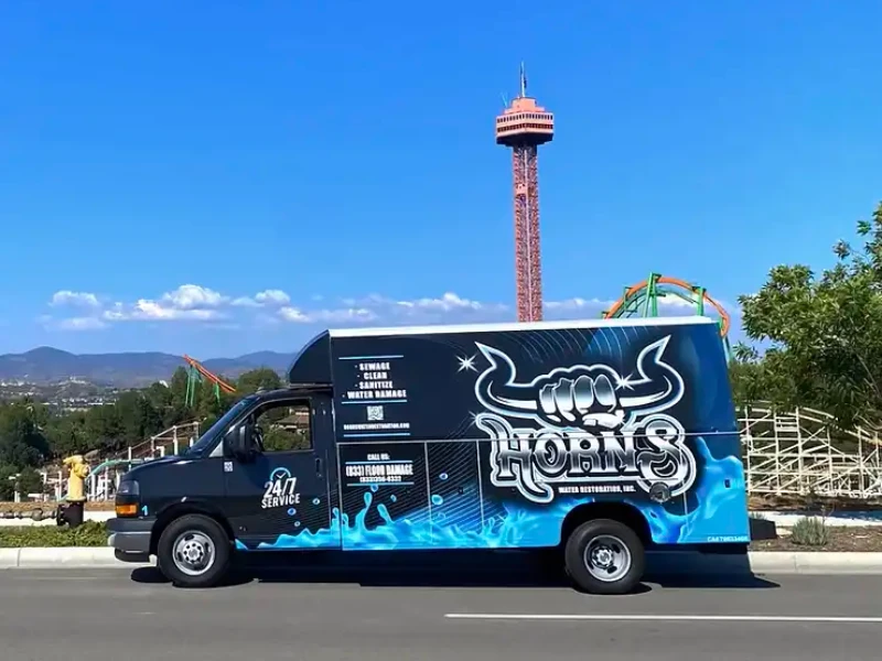 Water damage restoration company van parked on a road near an amusement park tower.