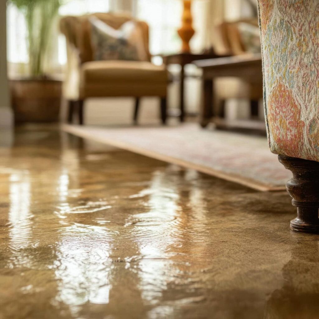 Water flooding a living room floor with furniture legs and a rug visible in the background.