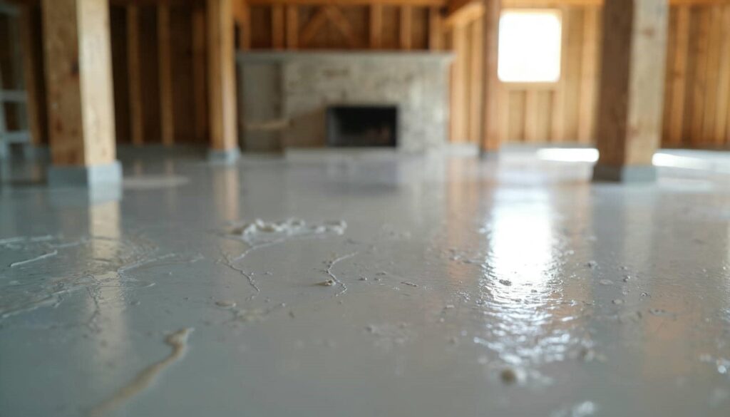 Close-up of a wet, freshly poured concrete floor inside a wooden-framed room with a fireplace.