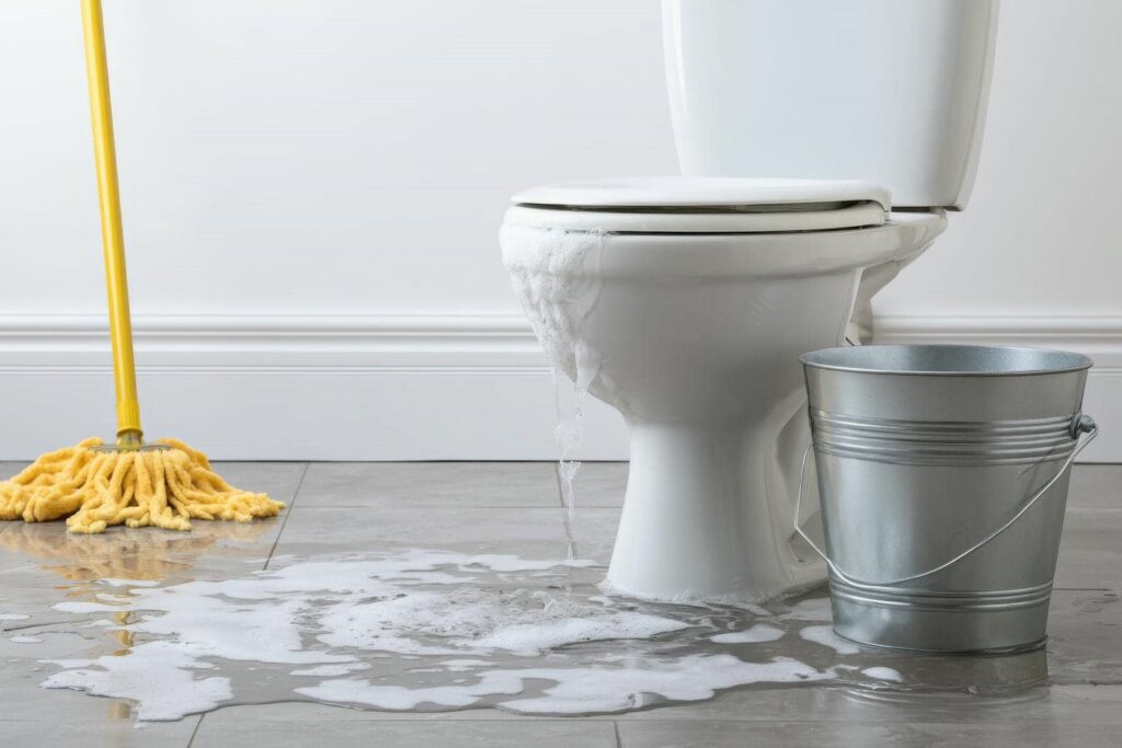 Toilet overflowing with water and foam on the floor next to a mop and metal bucket.