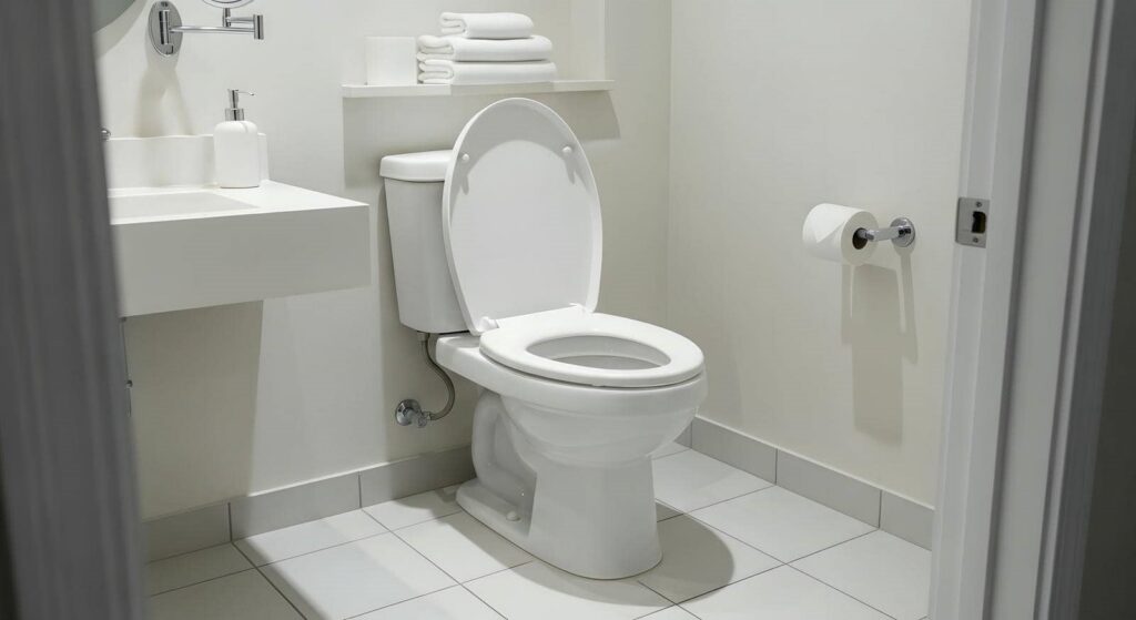 White toilet with open lid in a clean, minimalist bathroom with tiled floor and wall-mounted sink.