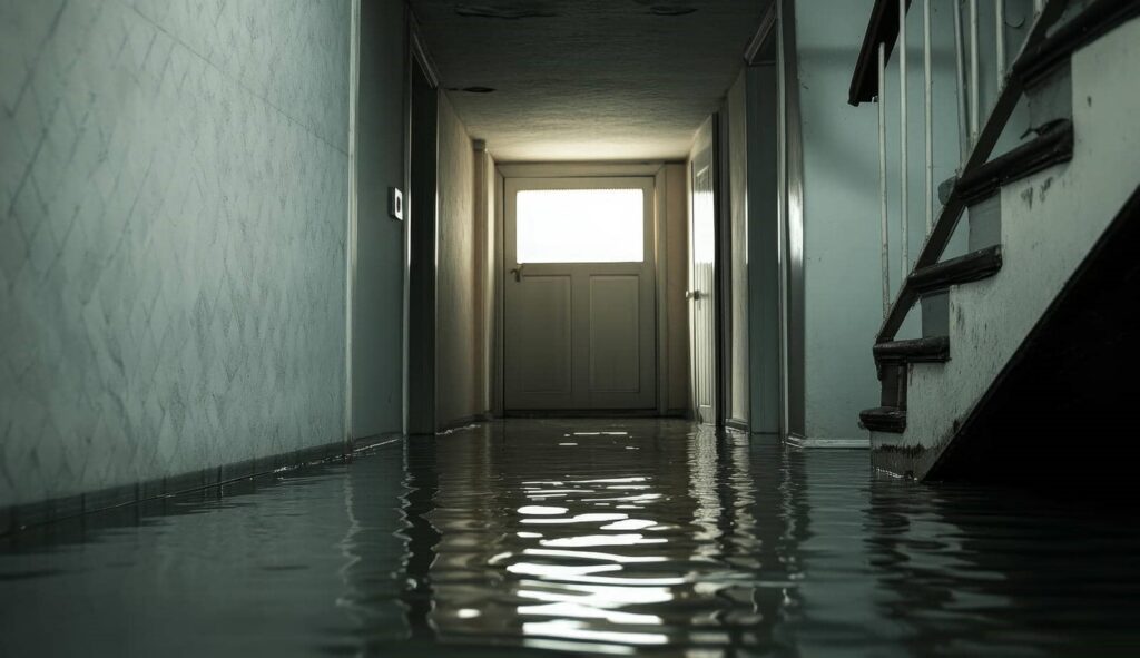 Flooded hallway with water covering the floor up to the stairs and doors.