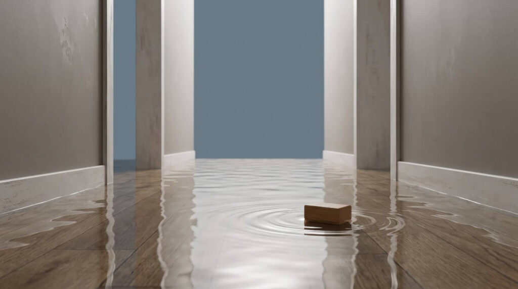 Flooded hallway with a small wooden block floating in water.
