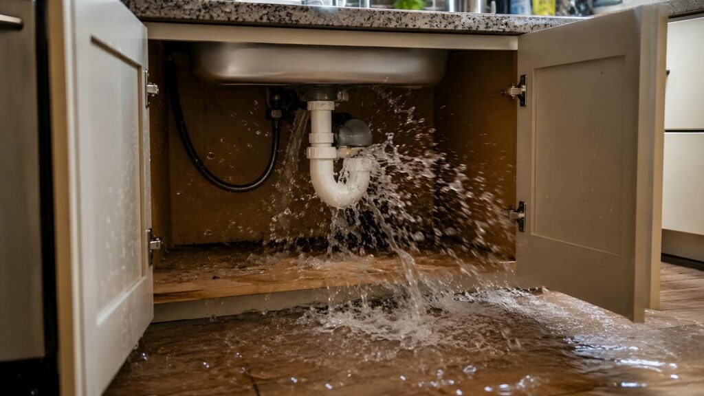 Water leaking and spraying from a broken pipe under a kitchen sink with open cabinet doors.