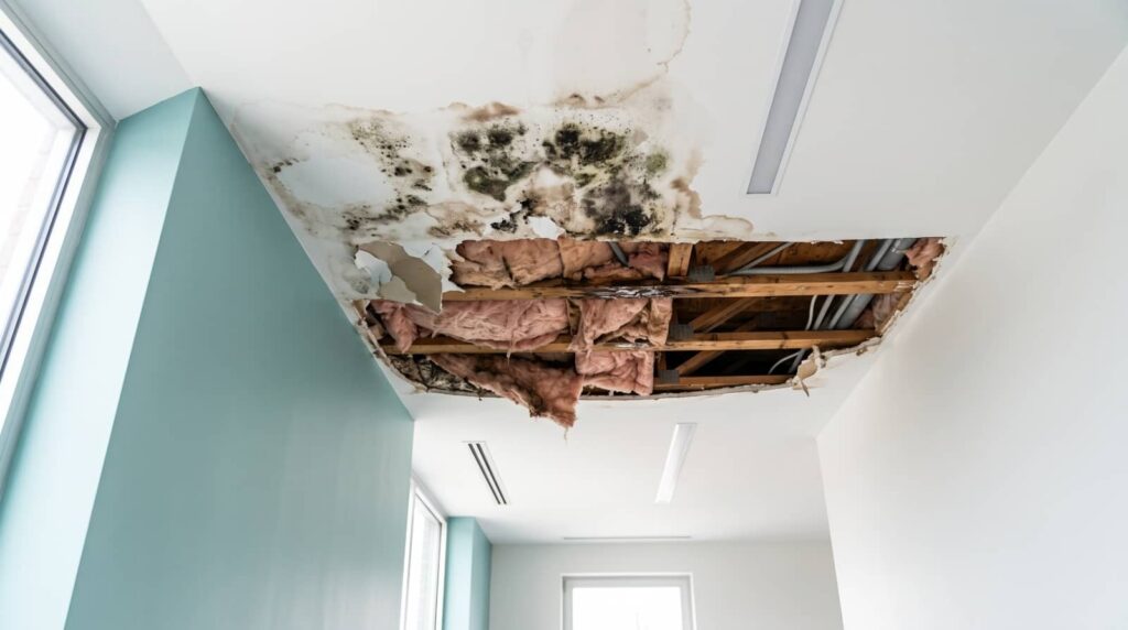 Water-damaged ceiling with mold and exposed insulation.