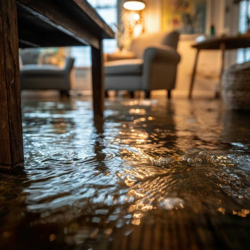 Floodwater covering a living room floor.