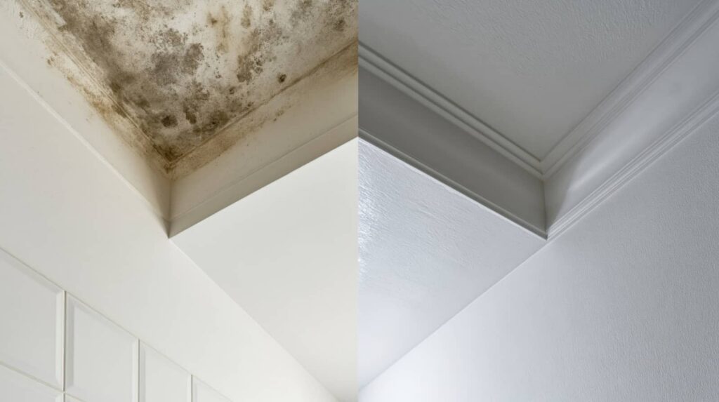 Ceiling corner with black mold before and after cleaning.