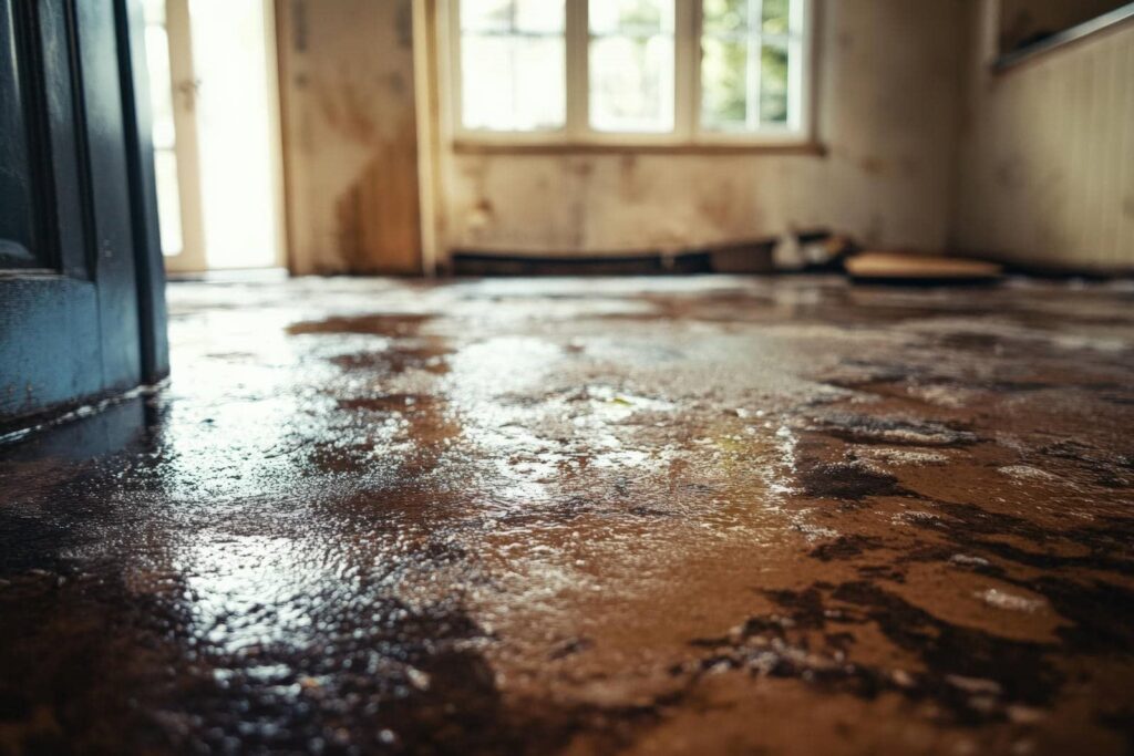 Close-up of a wet, stained floor inside a dimly lit, empty room with a window and door in the background.