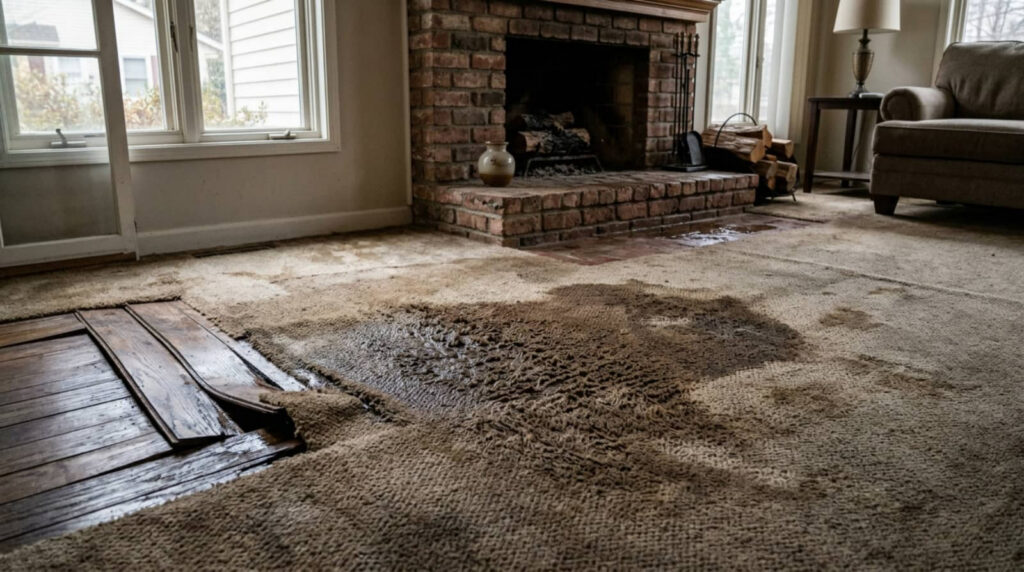 Water-damaged living room carpet with a torn section exposing wood floor.
