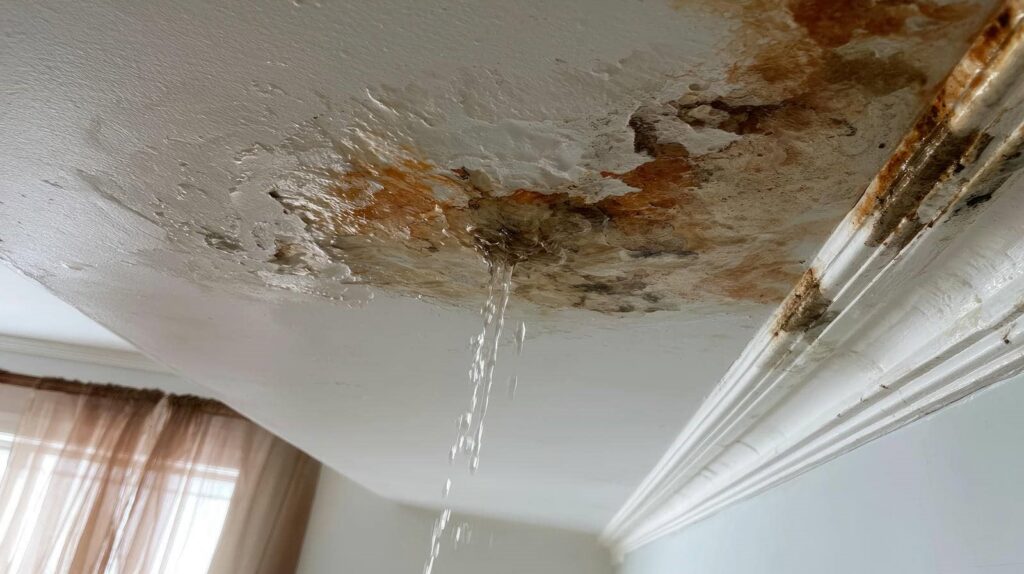 Water leaking from a ceiling with extensive water damage and mold stains.