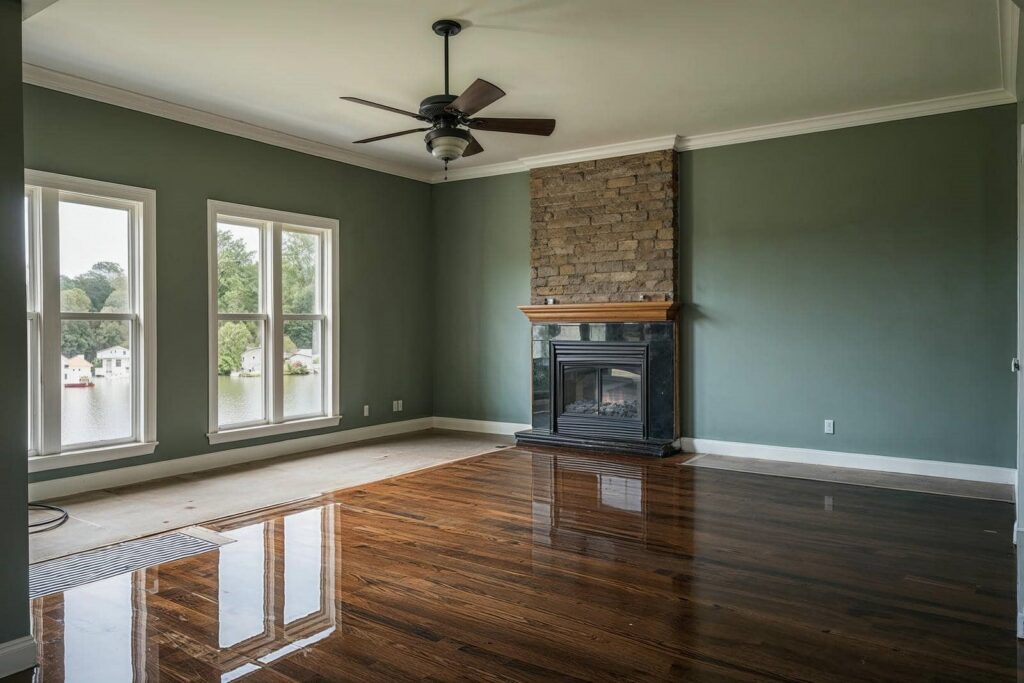 Empty living room with green walls, a stone fireplace, ceiling fan, and polished hardwood floors.