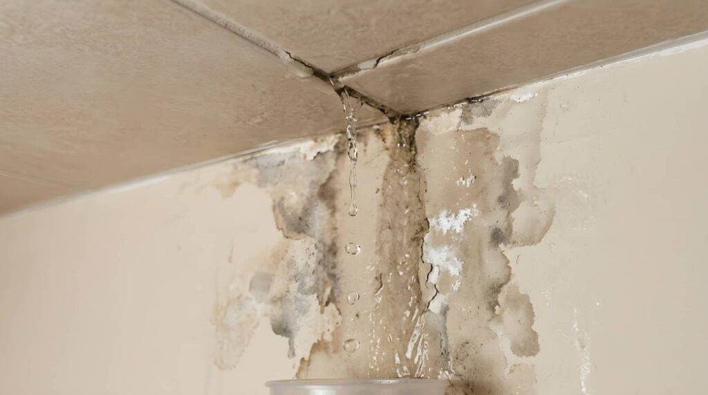 Water leaking from a damaged ceiling corner with stained, peeling wall.