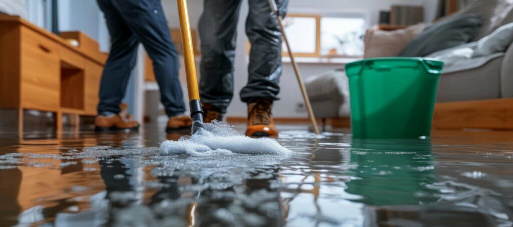 Two people cleaning a flooded living room floor with mops and a green bucket.