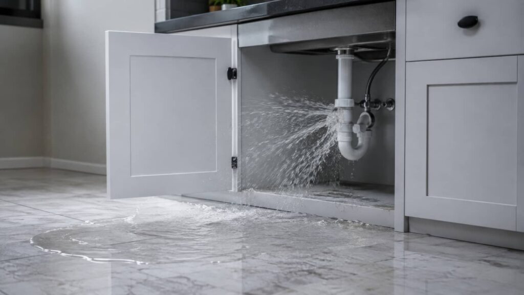 Kitchen sink cabinet leaking water onto the floor.