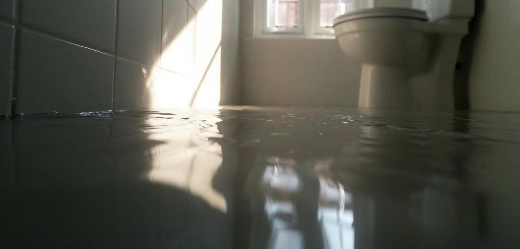 Flooded bathroom floor with water reflecting a window and a toilet in the background.