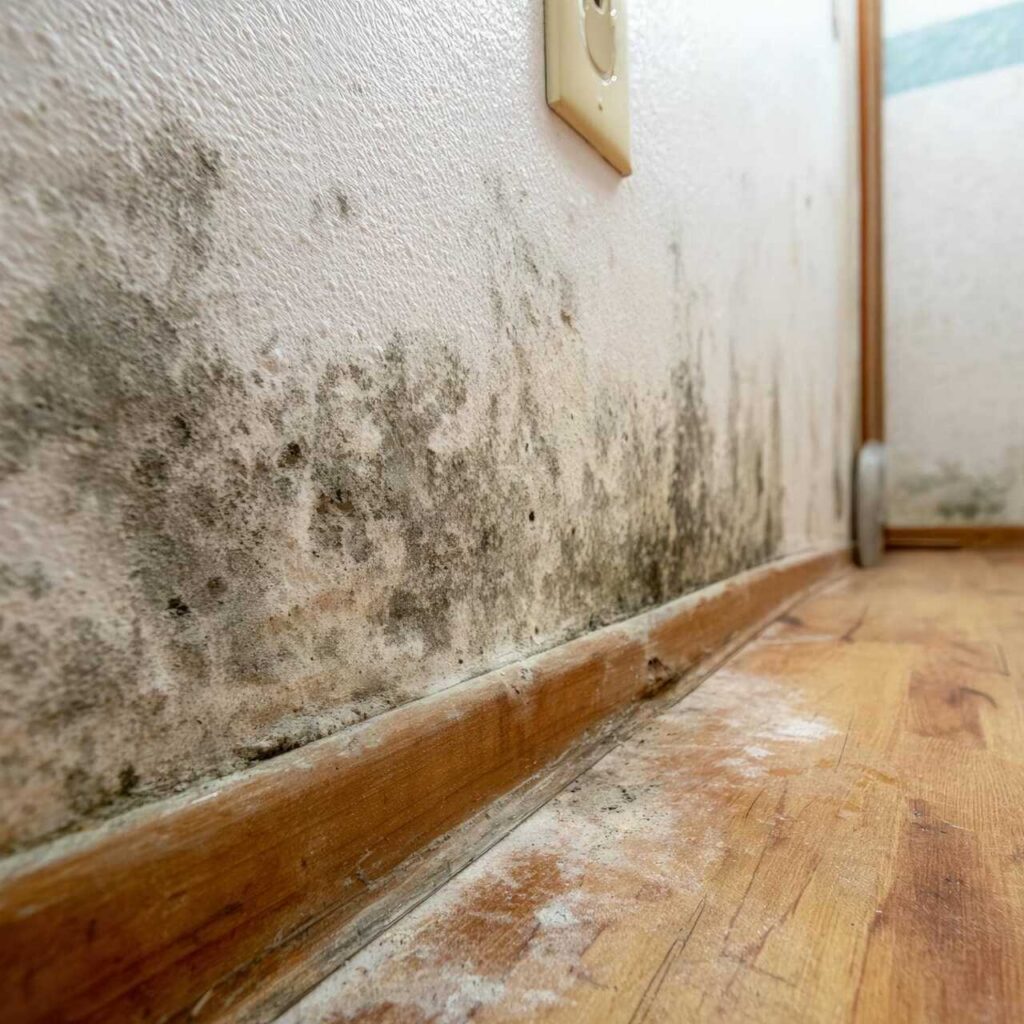 Mold growth along the baseboard and lower wall of a room with wooden flooring.