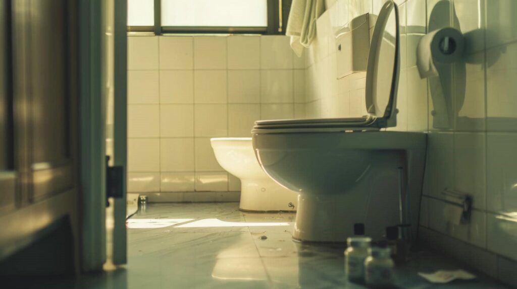 Toilet and bidet in a sunlit bathroom with tiled walls and floor.