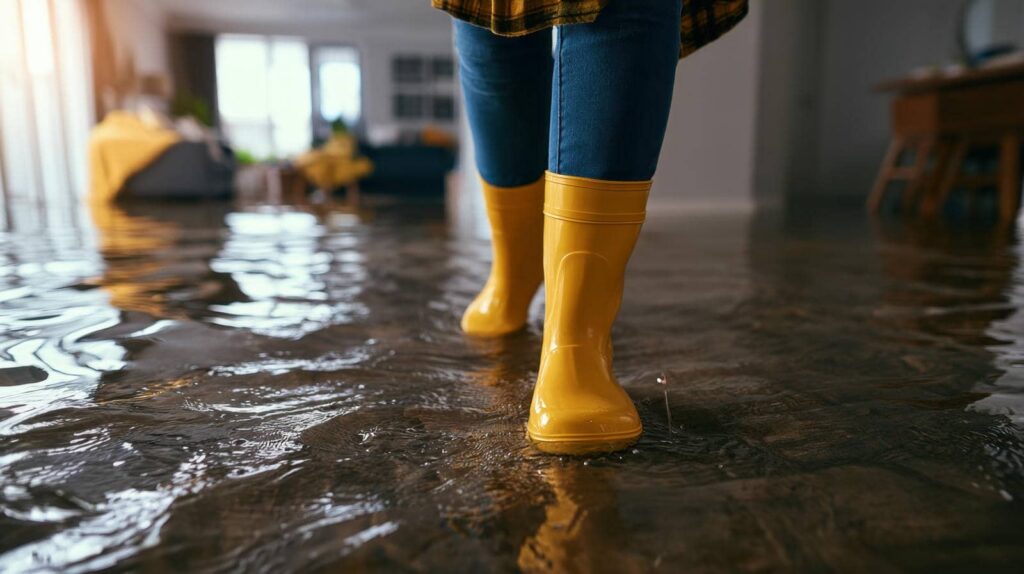 Person in yellow rain boots standing in floodwater indoors.