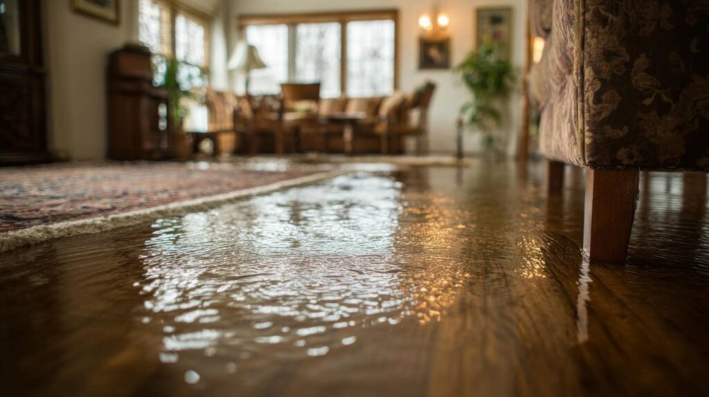 Water flooding a wooden floor in a living room with furniture and a rug.