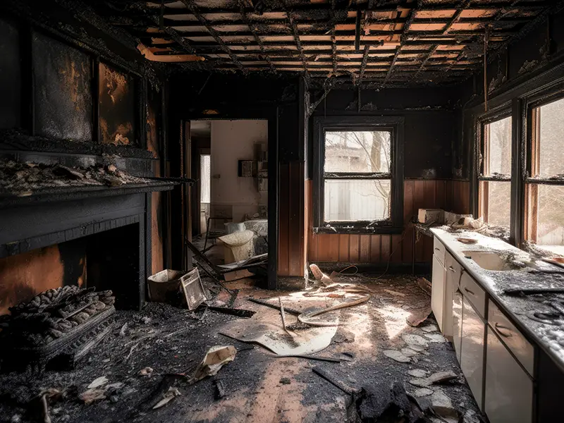 Burned kitchen in need of fire damage restoration, with charred walls, ceiling, and debris scattered on the floor.